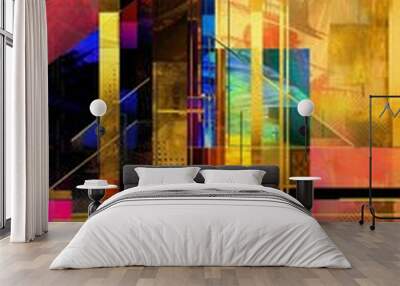 Abstract gold structure with geometric shapes and vibrant colors, Modern, Bright hues, Digital art Wall mural