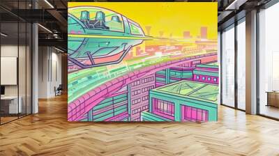 Automated personal flying vehicle taking off from a city rooftop Wall mural