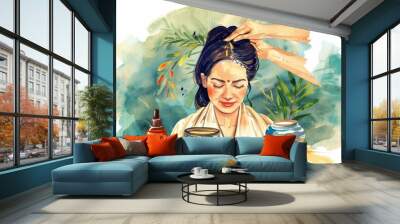 Ayurvedic head massage with natural oils, educational sketch, traditional wellness Wall mural