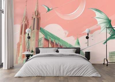 Capture the ethereal beauty of a majestic dragon soaring over a Gothic cathedral, employing a vibrant watercolor technique with intricate linework Wall mural