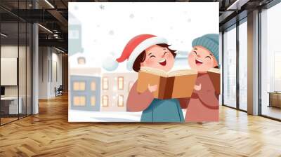 Choir singing Christmas carols in a snowy town square, traditional outfits, joyful holiday spirit, warmly lit scene Wall mural