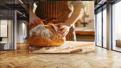 Food blogger baking homemade sourdough bread in a sunlit kitchen, with flour and yeast scattered on the counter Wall mural