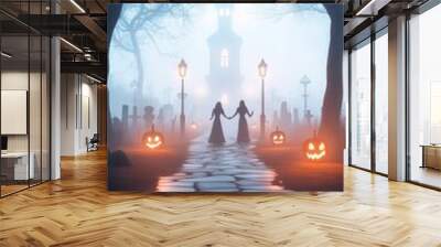 Ghostly Halloween dance party in a foggy graveyard, eerie atmosphere, 3D illustration Wall mural