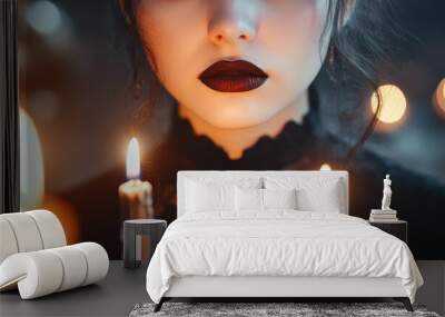 Glamorous vampire in a dark velvet gown, surrounded by gothic Halloween decor and candles, mysterious ambiance Wall mural