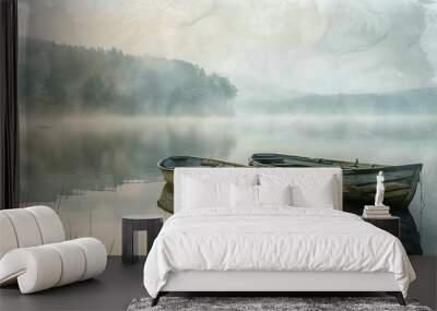 Old fishing boats on a serene lake, foggy dawn, watercolor style, soft pastel tones Wall mural