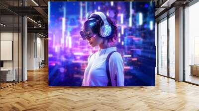 Portrait of a beautiful young woman wearing virtual reality goggles. 3d rendering. Wall mural