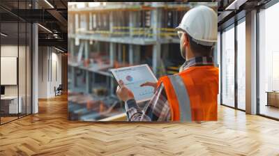 Smart Construction Project management system concept, Engineer using a digital tablet on a construction site Wall mural