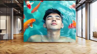 Swimmer peacefully floating in a koi fish pond, vibrant fish swimming beneath and around them Wall mural