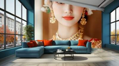 Thai bride in a traditional gold and red dress, detailed jewelry, set against a rich cultural backdrop Wall mural