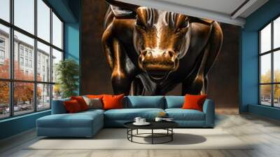 The Wall Street Bull a bronze beast of finance a bullish spirit cast in metal charging through the markets highs and lows Wall mural