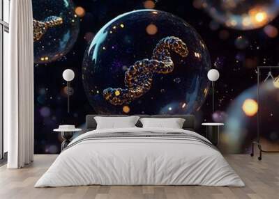 microscopic bubbles with DNA strands and organic shapes inside, floating in space, hyper-realistic details Wall mural