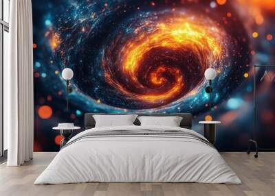 Cosmic vortex with neon colors, swirling particles, and glowing center, evoking space-time. Wall mural