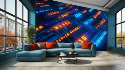 Glowing binary code streams in a high-tech, futuristic digital scene Wall mural