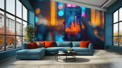 Hand holding phone with glowing digital charts, tech-focused with bokeh lights and data screens Wall mural