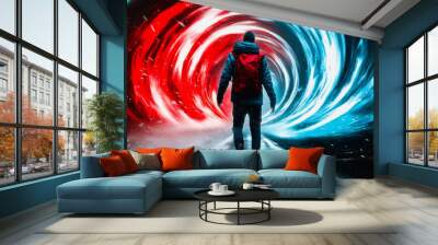 Lone traveler in a vortex of red and blue light on a futuristic journey Wall mural