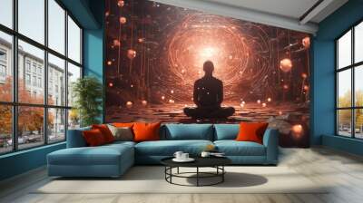 Silhouette of a person meditating in a lotus position inside a mystical circle of glowing energy in a surreal environment.
 Wall mural