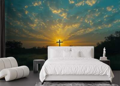 Sunrise with radiant light illuminating a cross, warm sky, spiritual and peaceful atmosphere Wall mural