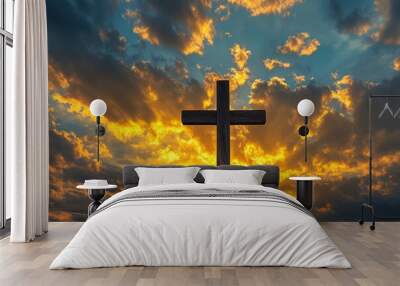 Sunrise with radiant light illuminating a cross, warm sky, spiritual and peaceful atmosphere Wall mural