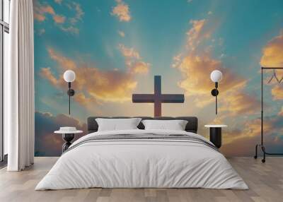 Sunrise with radiant light illuminating a cross, warm sky, spiritual and peaceful atmosphere Wall mural