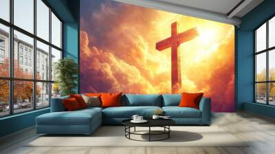 Sunrise with radiant light illuminating a cross, warm sky, spiritual and peaceful atmosphere Wall mural