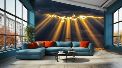 Sunrise with radiant light illuminating a cross, warm sky, spiritual and peaceful atmosphere Wall mural