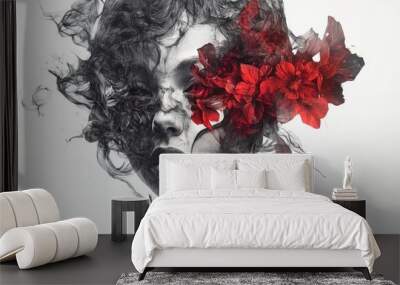 A captivating portrait featuring a woman with swirling smoke and vibrant red flowers, blending beauty and mystery in a unique artistic expression. Wall mural