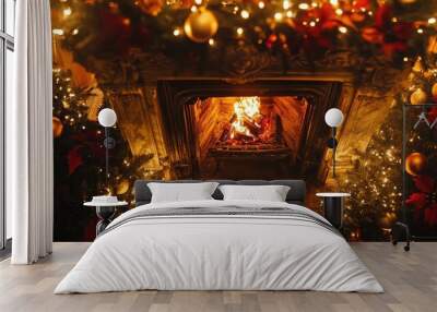 A cozy fireplace adorned with festive decorations, glowing warmly amidst the holiday spirit of Christmas cheer and joy. Wall mural