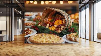 A festive table filled with various delicious holiday dishes and desserts. Wall mural