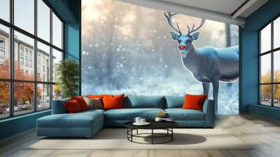 A majestic reindeer stands gracefully in a snowy forest, illuminated by soft sunlight filtering through the trees. Wall mural