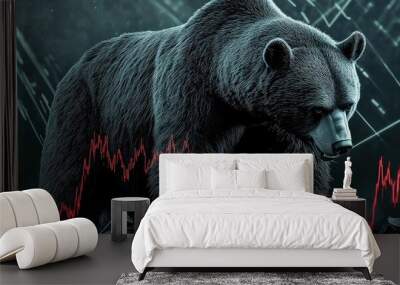 A powerful bear standing against a backdrop of fluctuating stock market graphs, symbolizing market decline and volatility. Wall mural