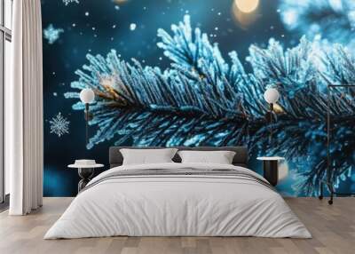 A serene winter scene featuring a snowy blue pine branch adorned with soft snowfall and sparkling lights. Wall mural