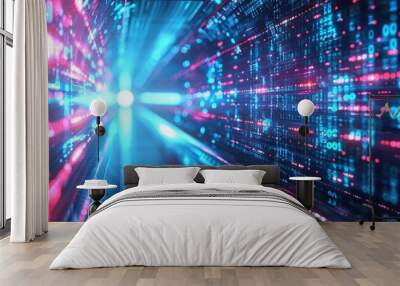 A vibrant abstract tunnel of light, showcasing dynamic patterns in blue and pink tones, representing digital movement and energy. Wall mural