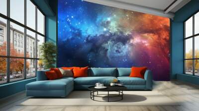 A vibrant cosmic scene showcasing colors of space, featuring swirling nebulae and countless stars against a dark backdrop. Wall mural