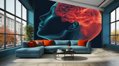 Abstract concept of human thought and creativity represented through glowing brain imagery and silhouettes. Wall mural