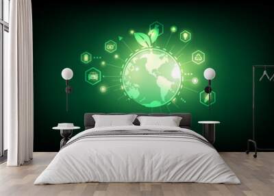 Abstract green glowing planet Earth. Earth hour concept.Wireframe light connection structure. Vector illustration. Web and Social Header Banners for ESG. Sustainable business or green business vector	 Wall mural