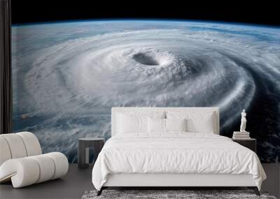 Aerial view of a powerful hurricane swirling over the ocean. Wall mural