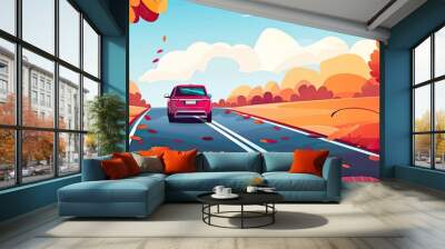 Car driving down a scenic rural road surrounded by vibrant autumn foliage, blue sky, and falling leaves capturing the essence of fall season. Wall mural