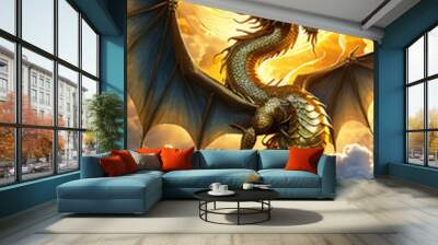 Chinese dragon is rising in the sky and orange moon, showing the elegant and power Wall mural