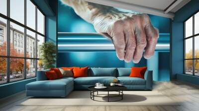 Close-up of a hand gripping a metal bar, symbolizing strength and determination in fitness or rehabilitation activities. Wall mural