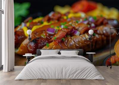 Close-up of gourmet hotdogs with toppings including bacon, onions, and mustard, served on wooden board. Wall mural