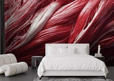 Close-up view of intricate muscle fibers showcasing the dynamic interplay of red and white textures, highlighting anatomical details. Wall mural