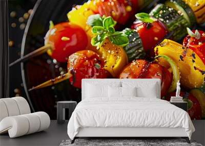 Closeup of colorful vegetable skewers on a dark background, perfect for summer barbecue, grilling, healthy eating, or vegetarian cuisine. Wall mural