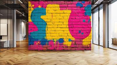 Colorful graffiti wall with bright splashes, vibrant urban art on red brick background. Wall mural