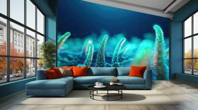 Colorful microscopic view of marine life under luminous water, vibrant detail. Wall mural