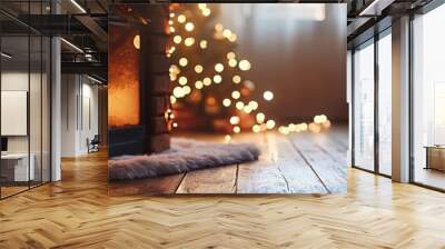 Cozy Christmas scene with a warm fireplace, glowing lights, decorated tree, and festive ambiance, perfect for holiday cheer. Wall mural