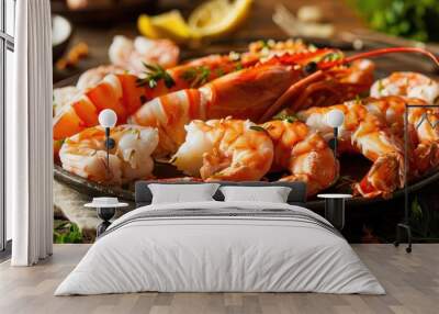 Delicious seafood platter featuring fresh shrimp and lobster tail served with garnish on a rustic table setting. Wall mural