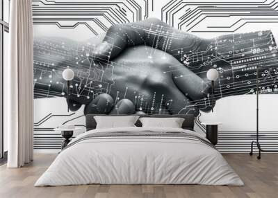 Digital handshake: two hands clasped with circuit board patterns, symbolizing technological partnership and collaboration in the digital age. Wall mural