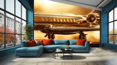 Elegant model of a private jet with a golden finish against a backdrop of bright bokeh lights, symbolizing luxury and travel. Wall mural