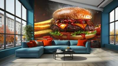 Juicy cheeseburger with crispy fries on a wooden board, garnished with fresh vegetables, perfect for a delicious meal. Wall mural