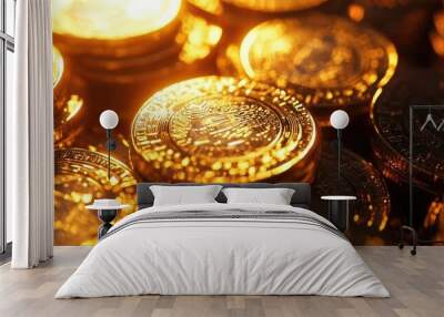 Shimmering gold coins stack together, reflecting light and creating a luxurious ambiance, perfect for finance and wealth themes. Wall mural